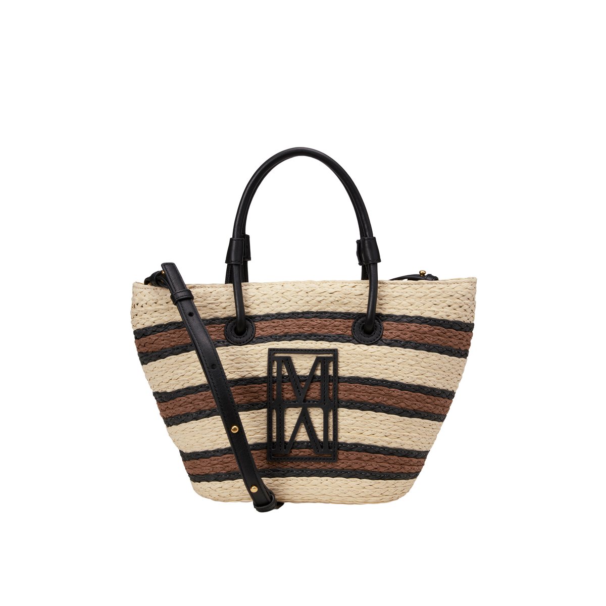 Shopper en raphia petit avec détails élégants en cuir véritable marron clair, MARC O'POLO
