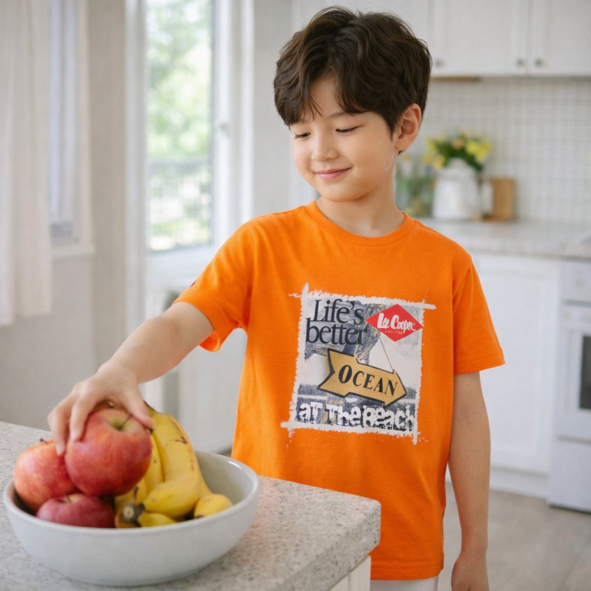T-shirt manches courtes imprimé océan, col rond SURF CLUB orange, LEE COOPER