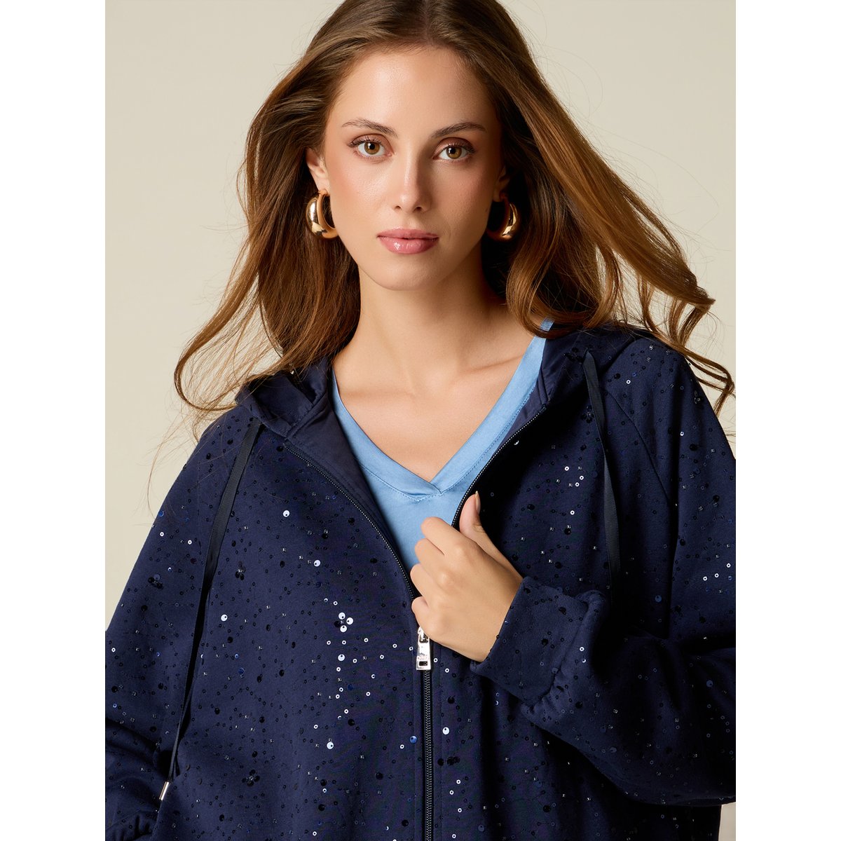 Sweat à capuche avec zip et paillettes bleu, OLTRE