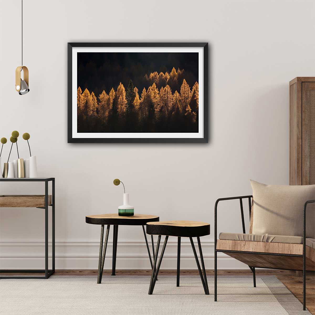Affiche mélèzes d' automne affiche + cadre en bois - noir, HEXOA