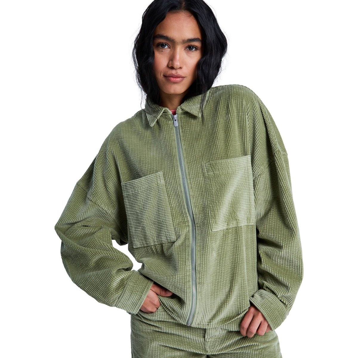 Veste zippée en velours côtelé CHILLED OUT WASHED. vert oil green, ROXY