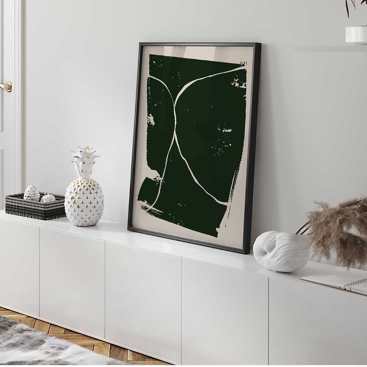 Affiche abstraite vert foncé lignes organiques minimalistes affiche + cadre en métal - noir, HEXOA