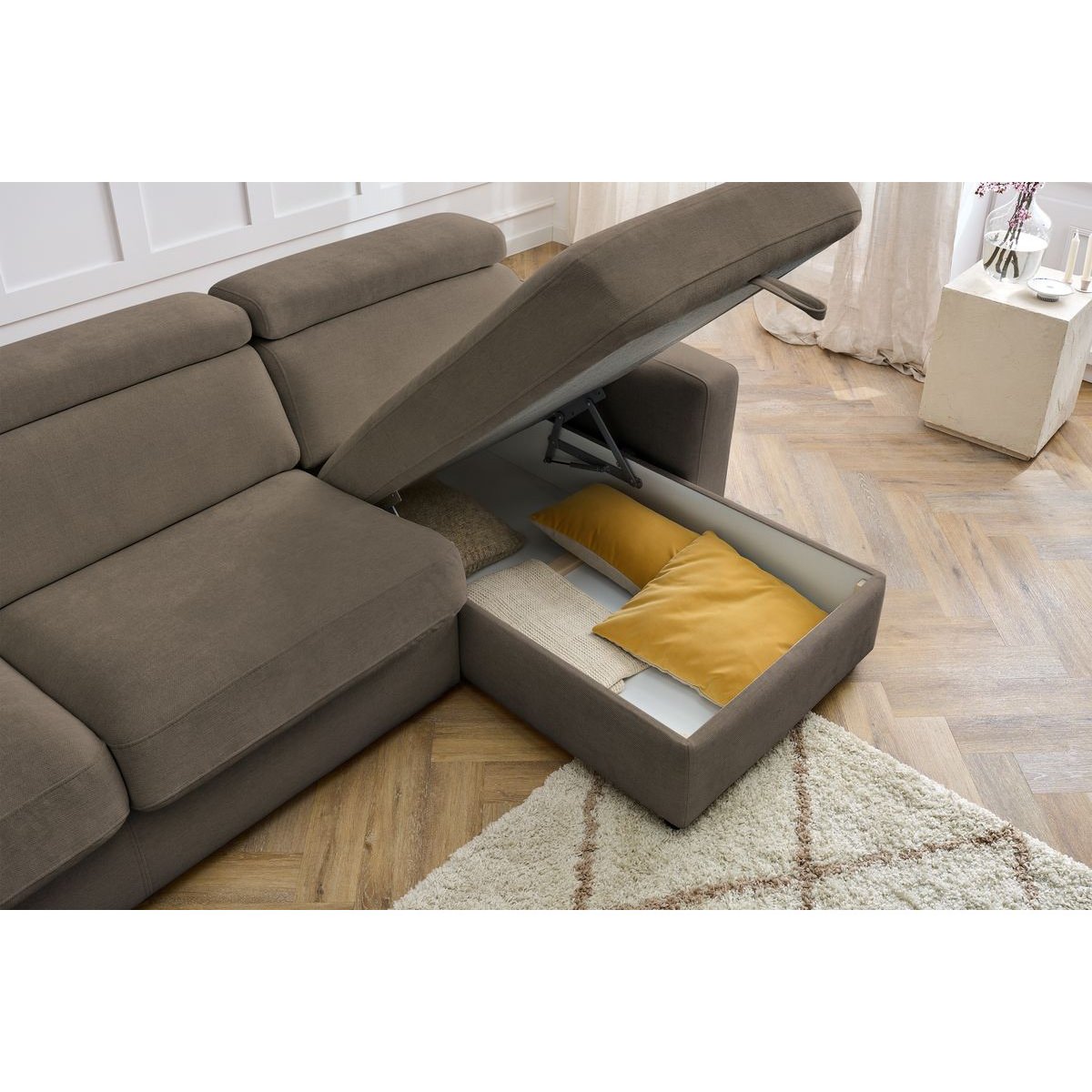 Canapé d'angle convertible 3 places en tissu couchage 140x190 cm, MONACO marron, BOBOCHIC