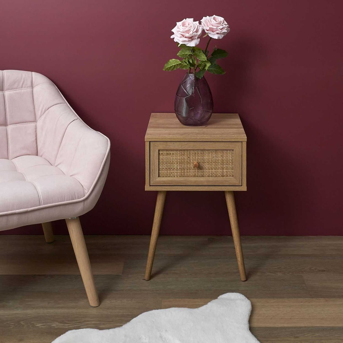 Table de chevet 1 tiroir en cannage BALI beige, TOILINUX