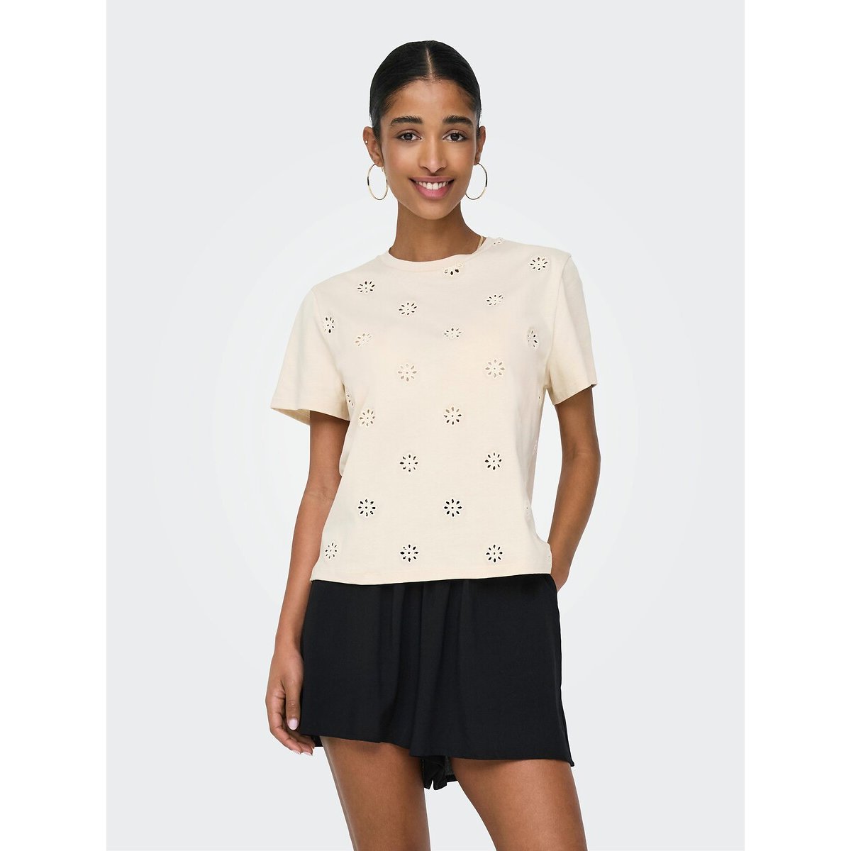 Tee shirt col rond manches courtes ecru, JDY