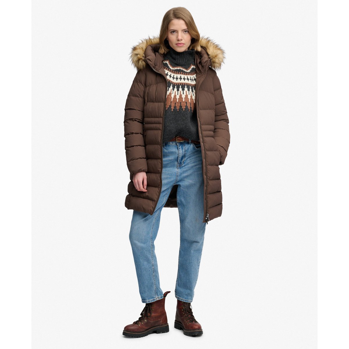 Manteau Fuji Mi-Long à Capuche en imitation Fourrure marron fougère, SUPERDRY