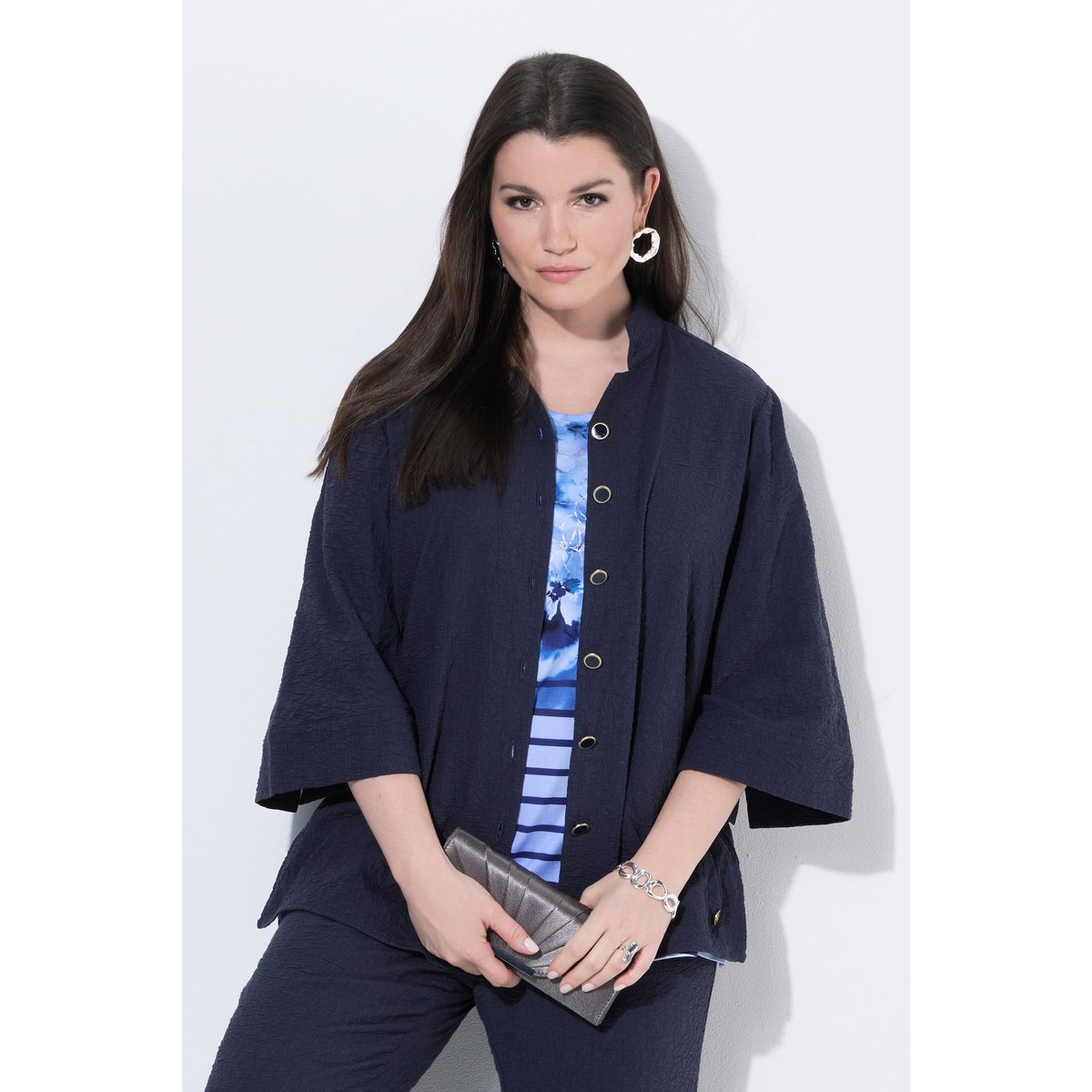 Veste texturée, manches 3/4 et col montant marine foncé, ULLA POPKEN
