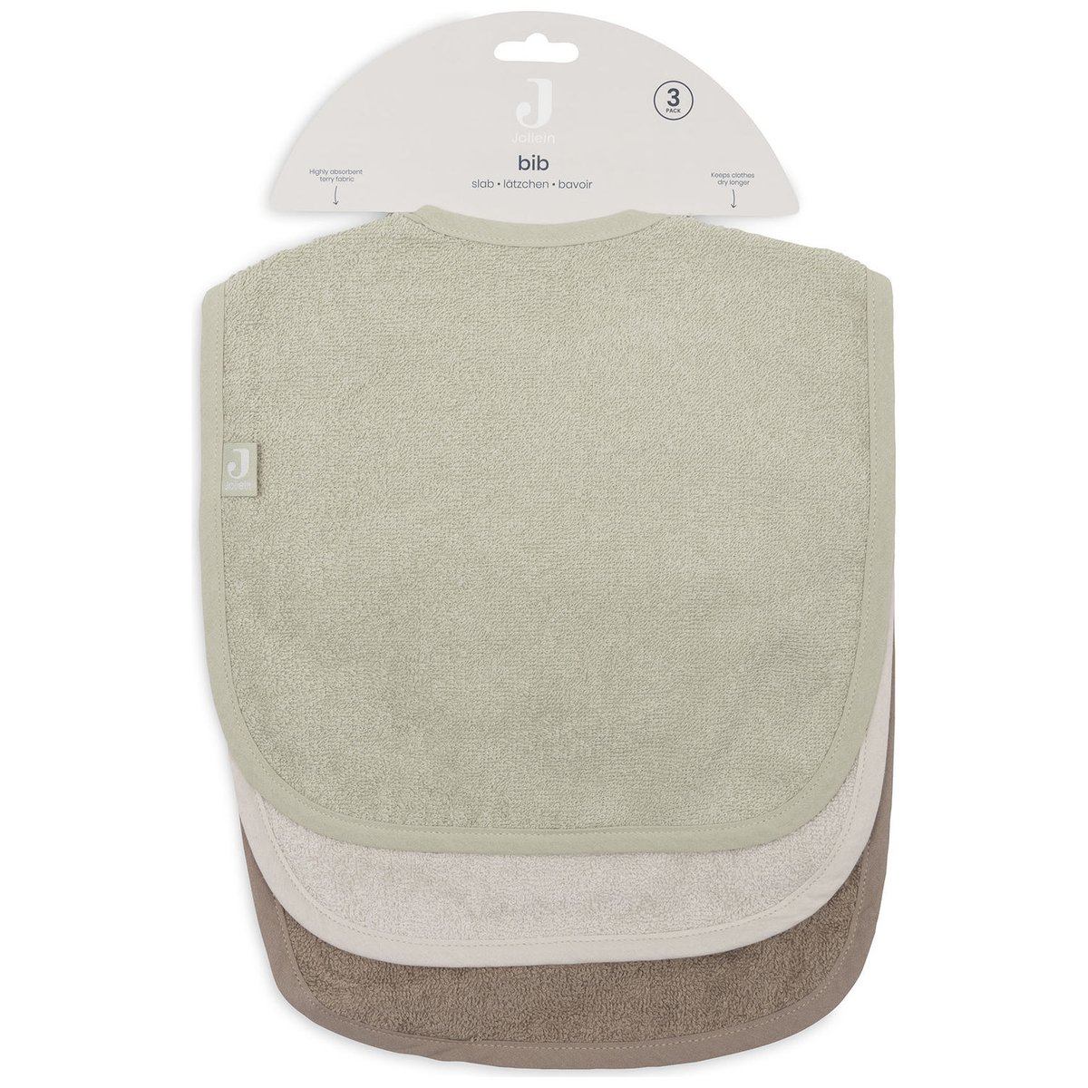 Lot de 3 bavoirs en éponge vert, écru, marron, JOLLEIN