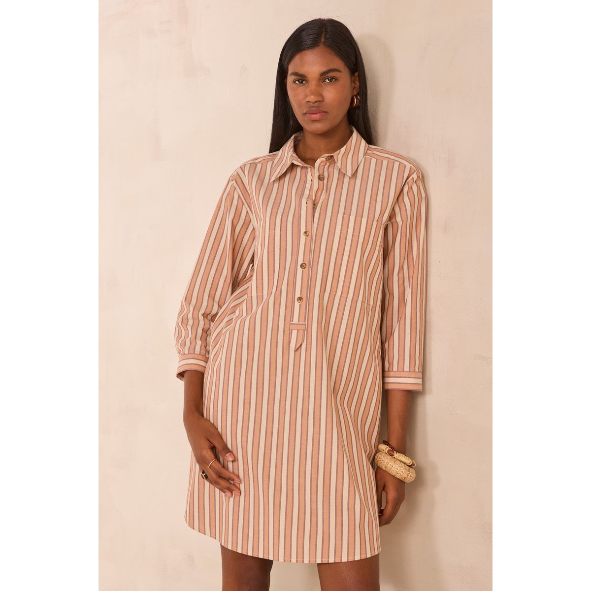 Robe chemise rayée en coton LISEA brique, Maison 123