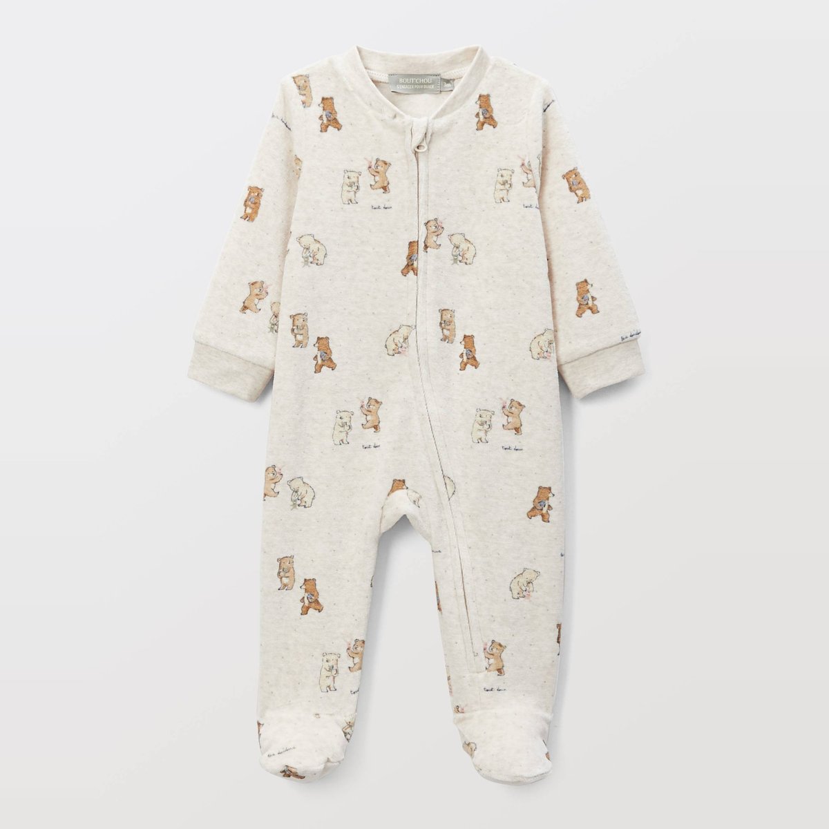 Dors-bien zippé en velours en coton BIO GOTS ecru melange, BOUT'CHOU