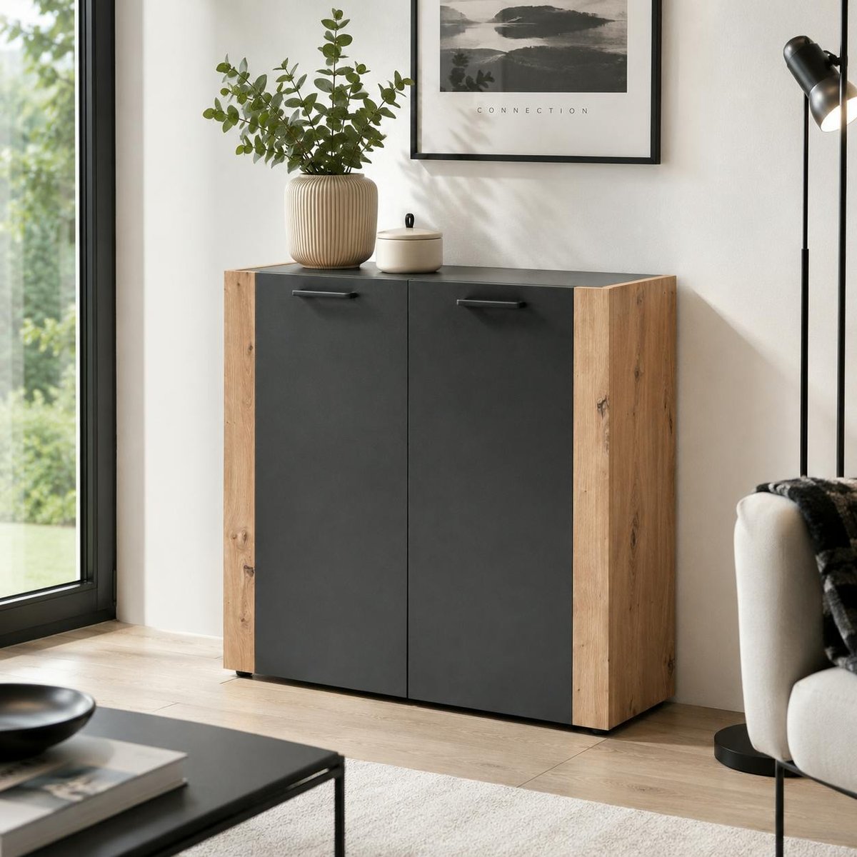 Petit buffet 2 portes gris foncé ALVA bois naturel, PIER IMPORT