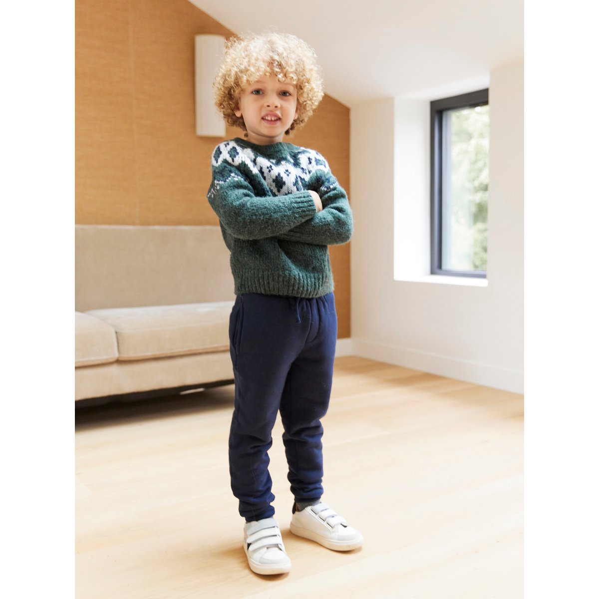 Pantalon jogging en molleton doublé sherpa marine, VERTBAUDET