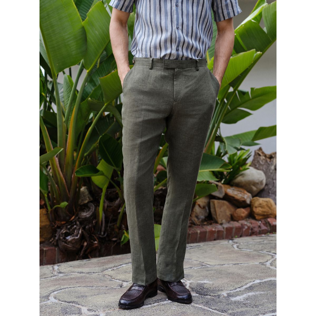 Pantalon de costume slim en lin italien signature vert, NEXT
