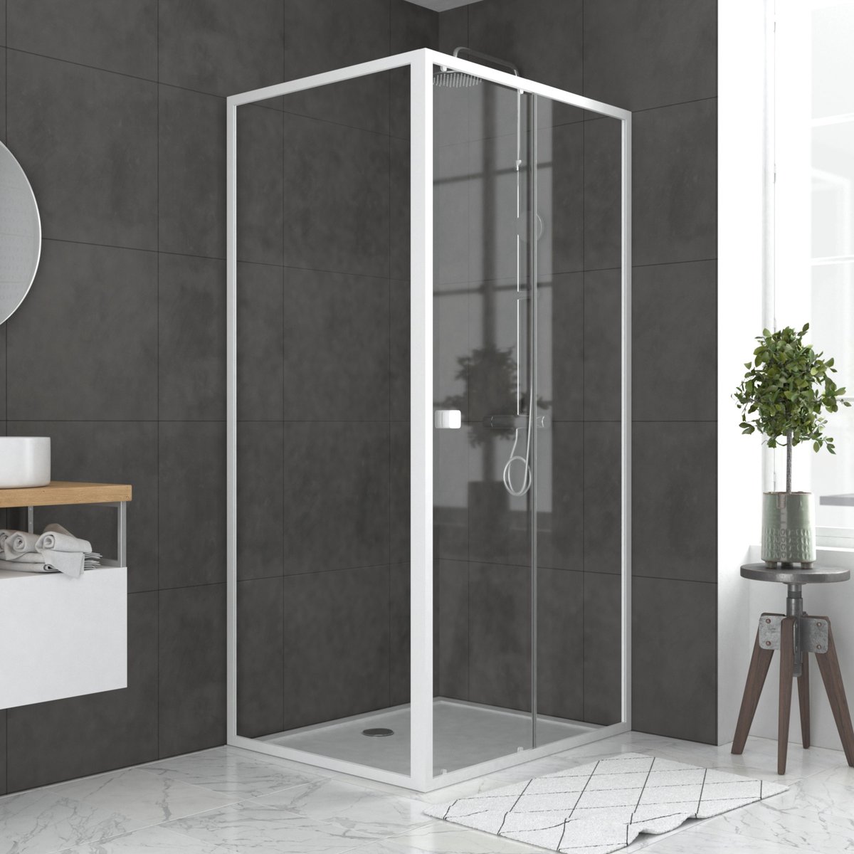 Porte de douche coulissante en verre trempé avec paroi de retour blanc, HOME MAISON