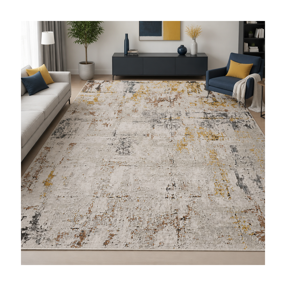 Tapis salon, motif abstrait en relief, moderne et résistant LYN51 OCRE beige, jaune, marron, UN AMOUR DE TAPIS