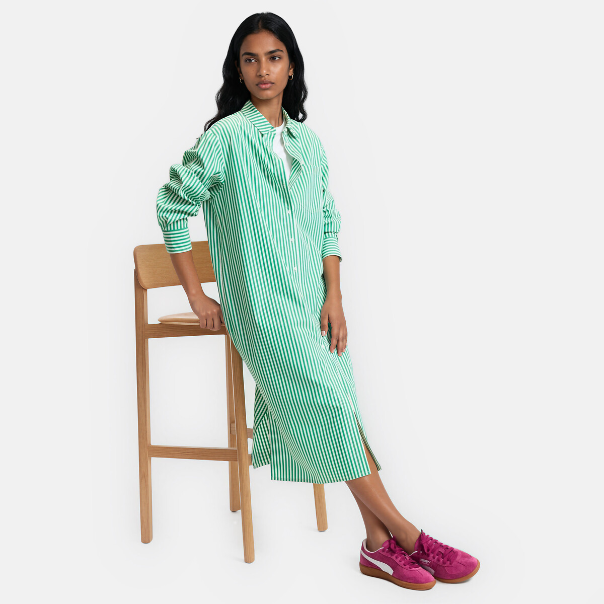 Robe droite forme chemise, longue, manches longues rayé vert, LA REDOUTE COLLECTIONS
