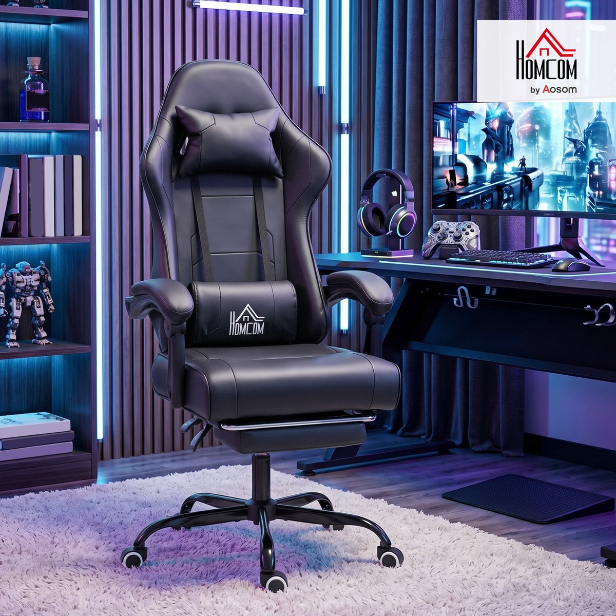 Fauteuil gaming Revêtement synthétique et noir, HOMCOM