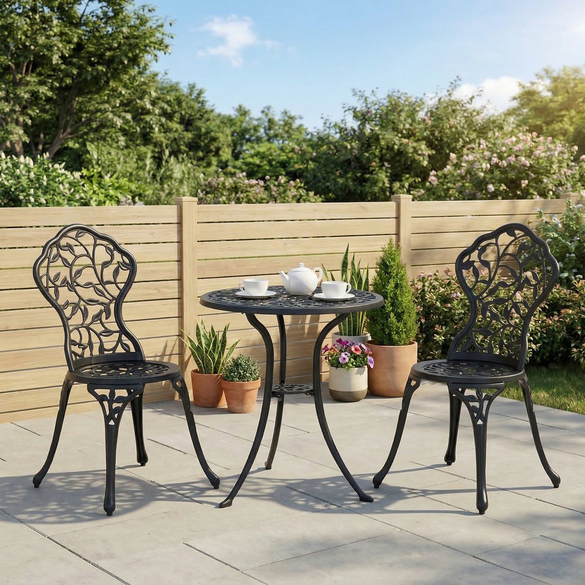 Ensemble salon de jardin 2 places avec table ronde style rétro fonte alu noir noir, OUTSUNNY