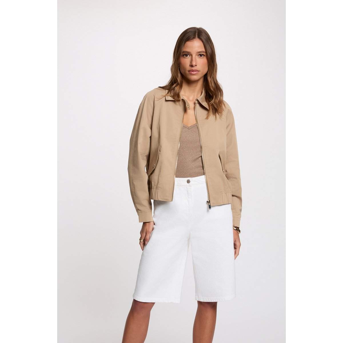 Blouson court col ouvert beige, MORGAN