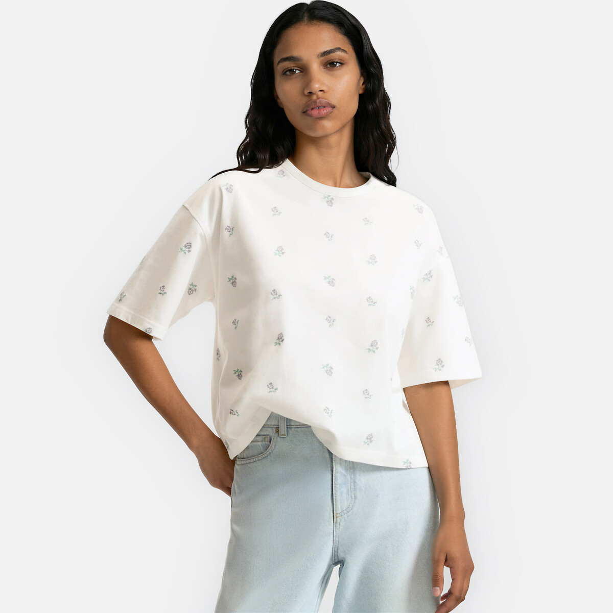 T-shirt col rond manches courtes brodé floral ecru, LA REDOUTE COLLECTIONS