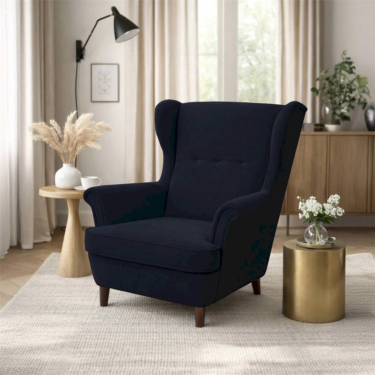 Fauteuil à oreilles MALMELLO avec repose-pieds bleu nuit cloud, RECOLLECTION