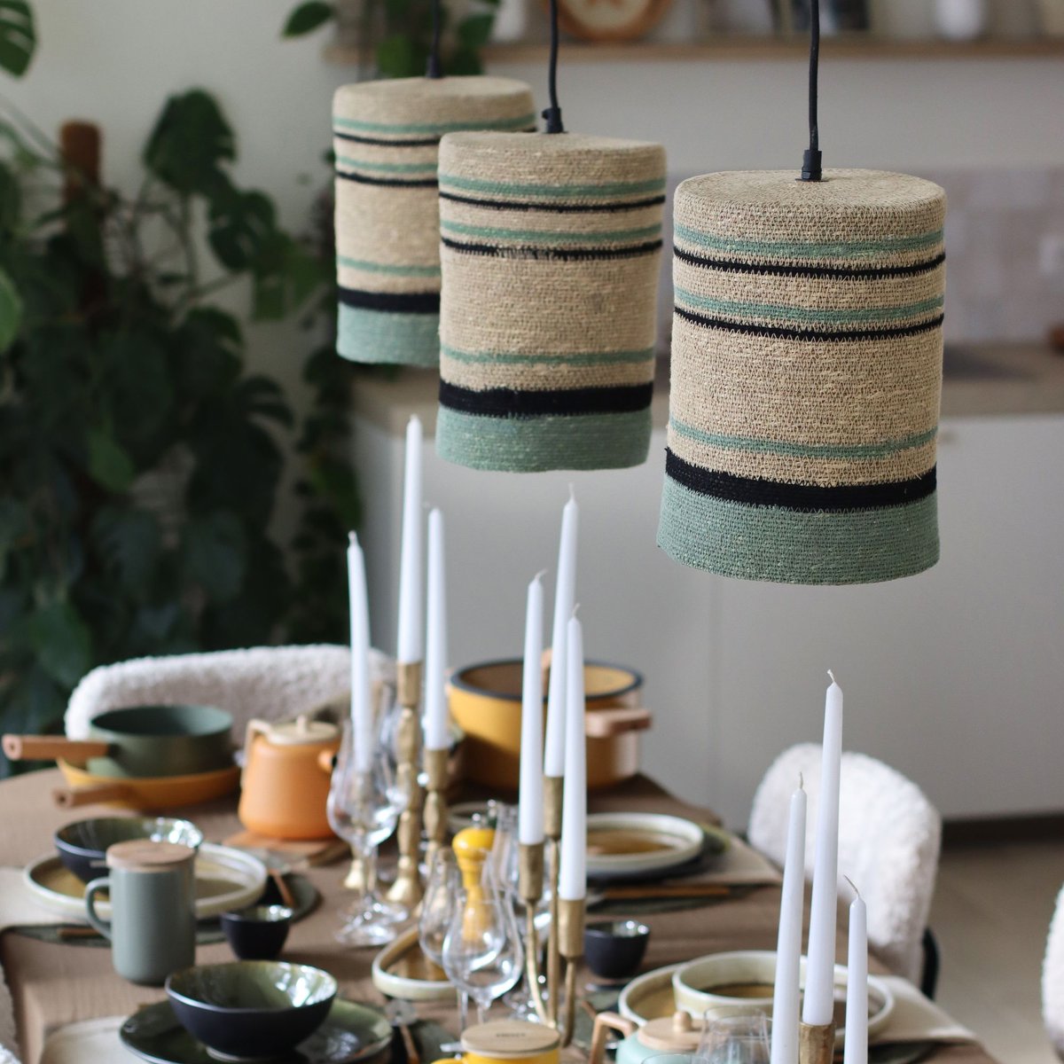 Suspension en jonc de mer, BARBADE naturel-vert, NOW'S HOME
