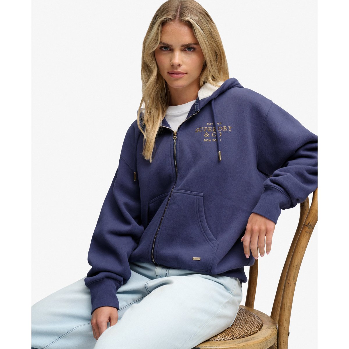 Sweat zippé à capuche Luxe Faux Fur coupe décontractée bleu marine matelot, SUPERDRY