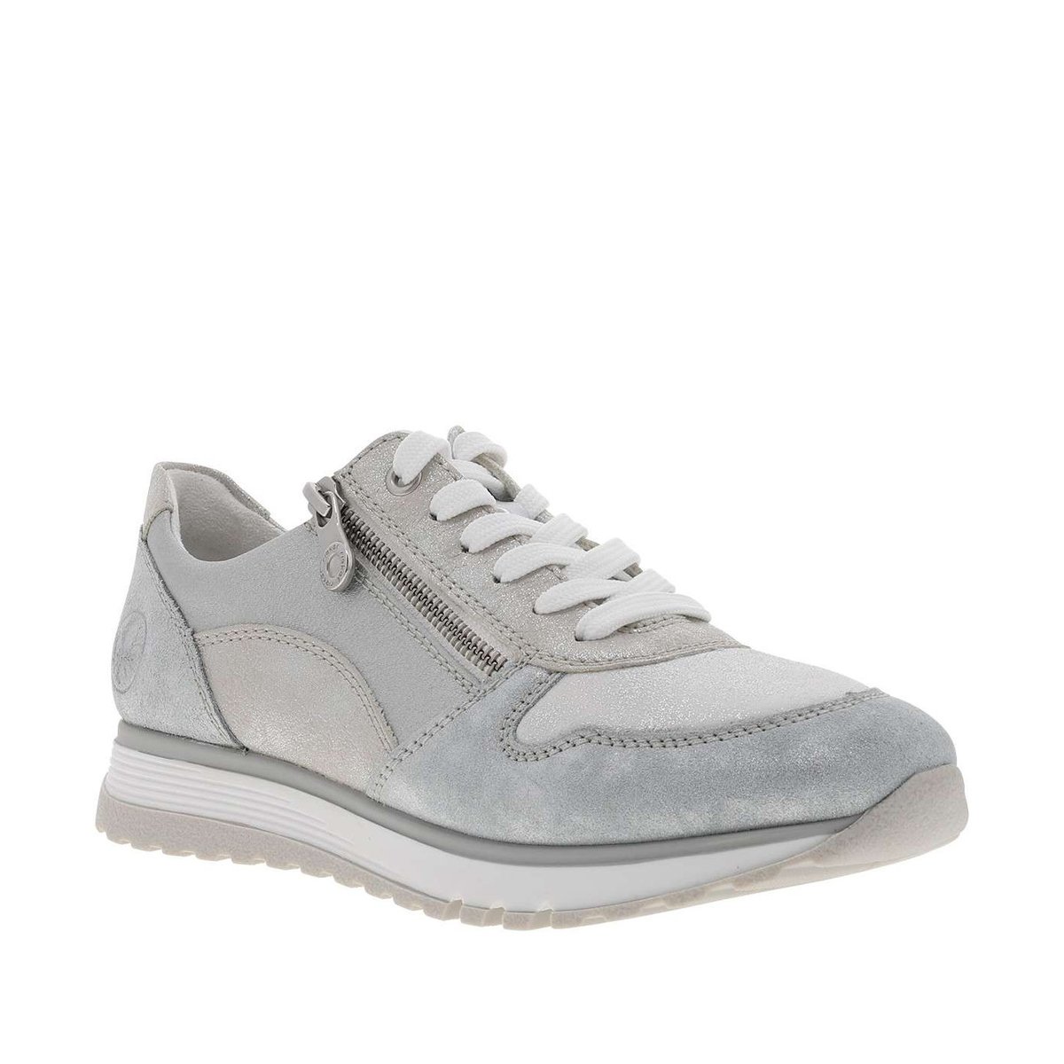 Baskets running en cuir argenté à talon plat avec des lacets et un zip latéral gris, RIEKER