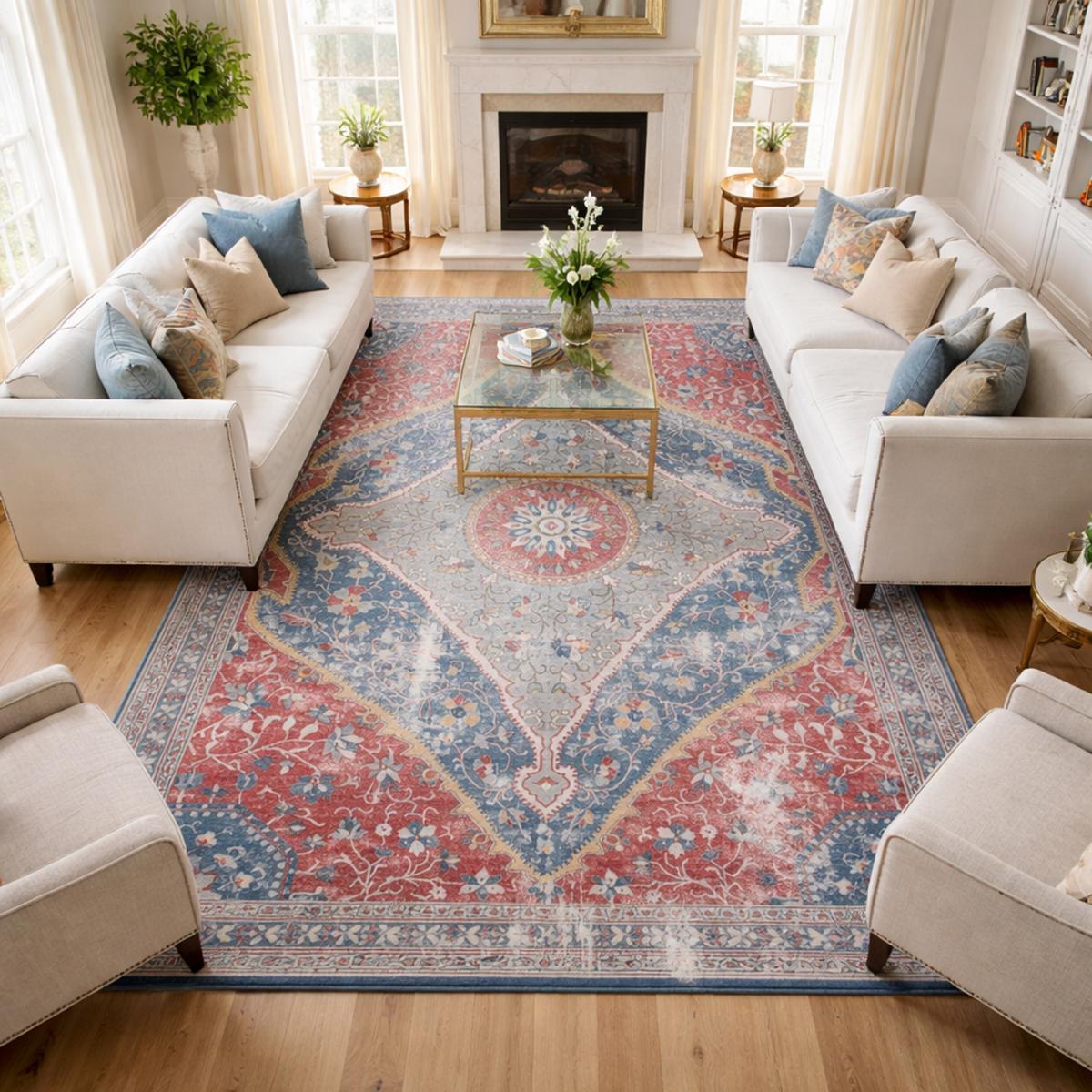 Tapis d'orient LYN11 MEDA 2, inspiration Isfahan, facile d'entretien rouge, bleu, beige, UN AMOUR DE TAPIS