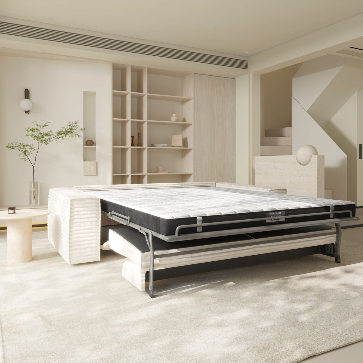 Canapé convertible express 140cm 3 places en velours côtelé JOAN crème, SIA HOME