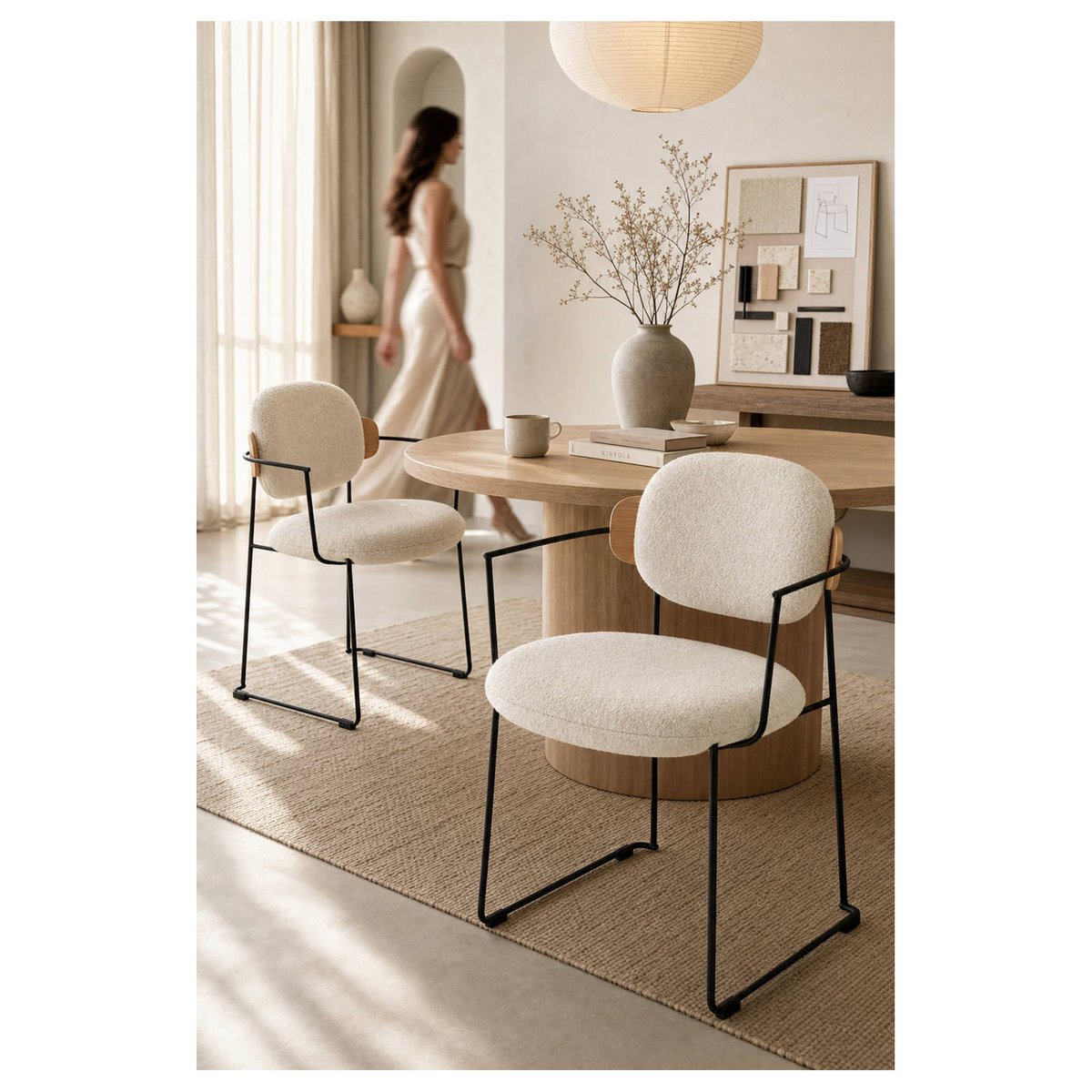 Chaise contemporaine en tissu et métal noir, naturel et blanc, RECOLLECTION