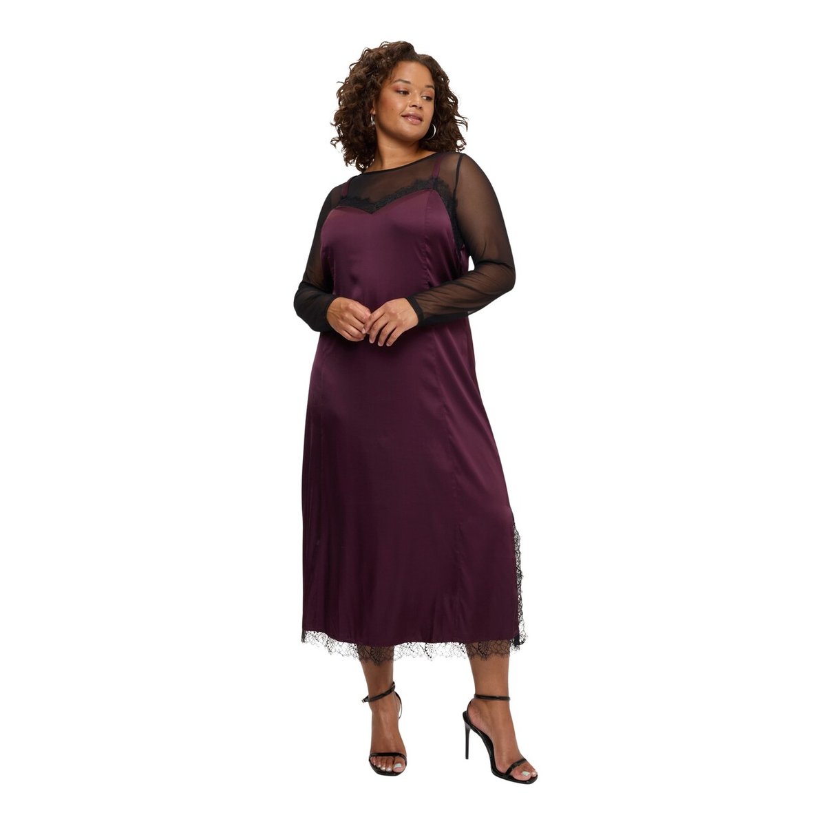 Robe nuisette avec inserts en tulle et dentelle burgundy, FIORELLA RUBINO