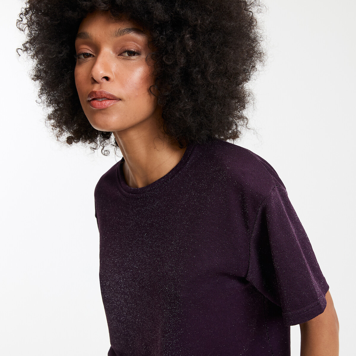 Sequined Crew Neck T-Shirt with Short Sleeves purple/plum, LA REDOUTE COLLECTIONS