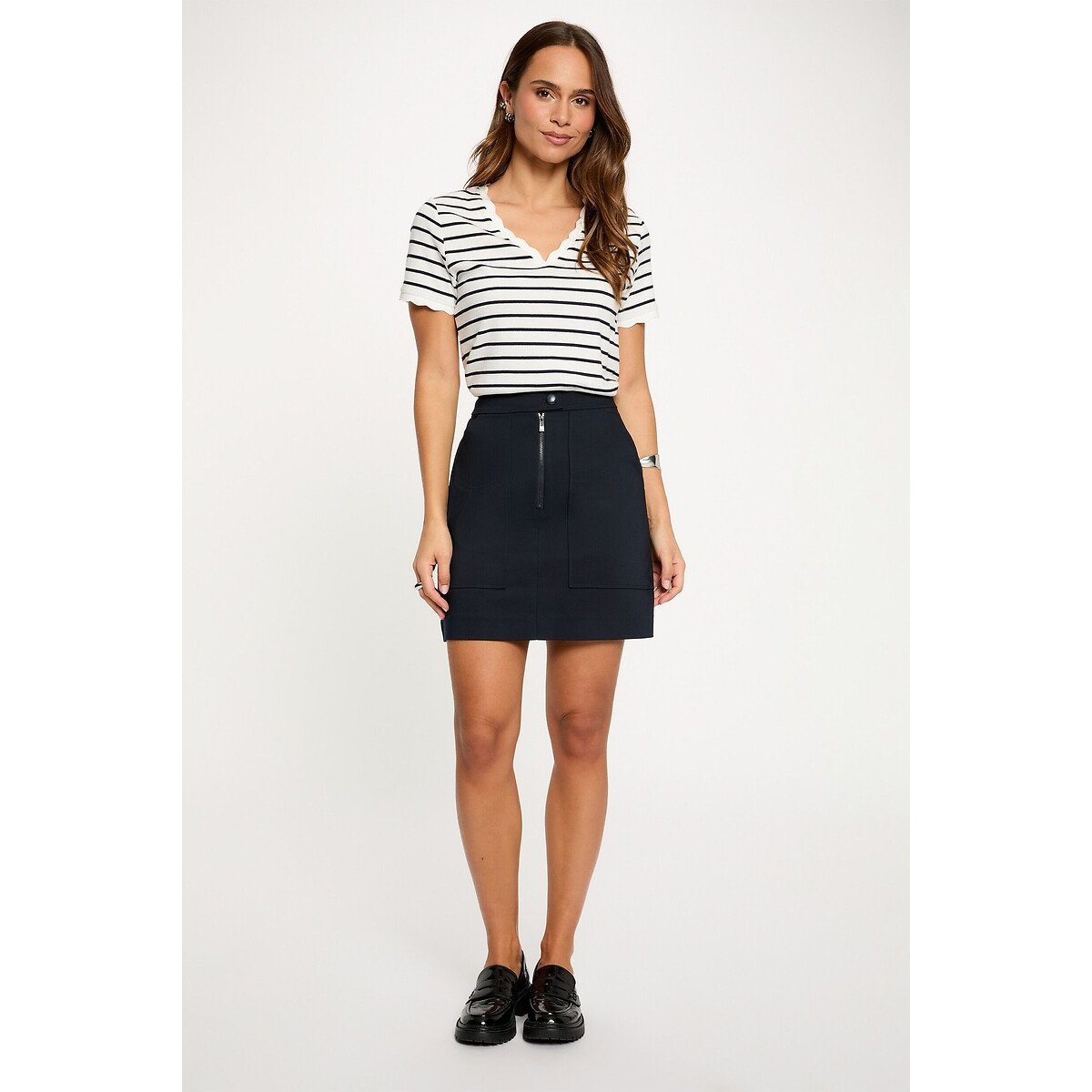 V-Neck T-Shirt with Short Sleeves navy striped/white, MORGAN
