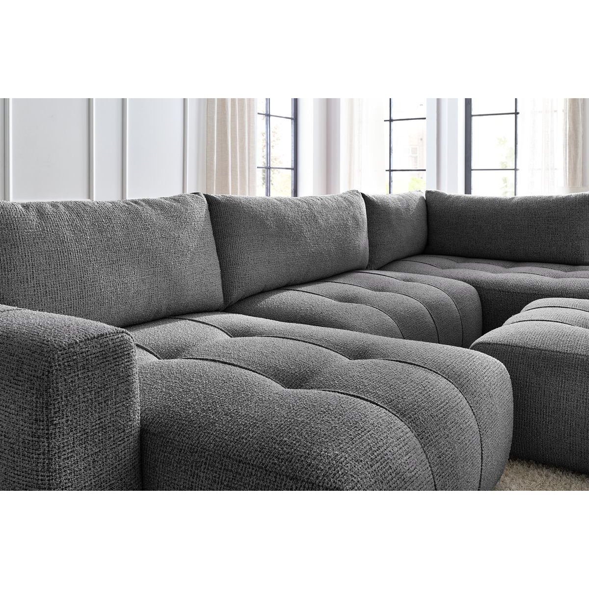 Canapé panoramique convertible 6 places en tissu chiné avec pouf, ARSENE gris foncé, BOBOCHIC