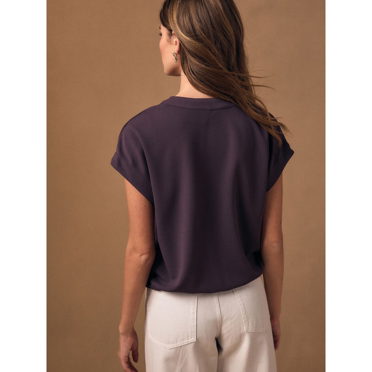 Haut col v à manches courtes et taille nouée violet prune, NEXT