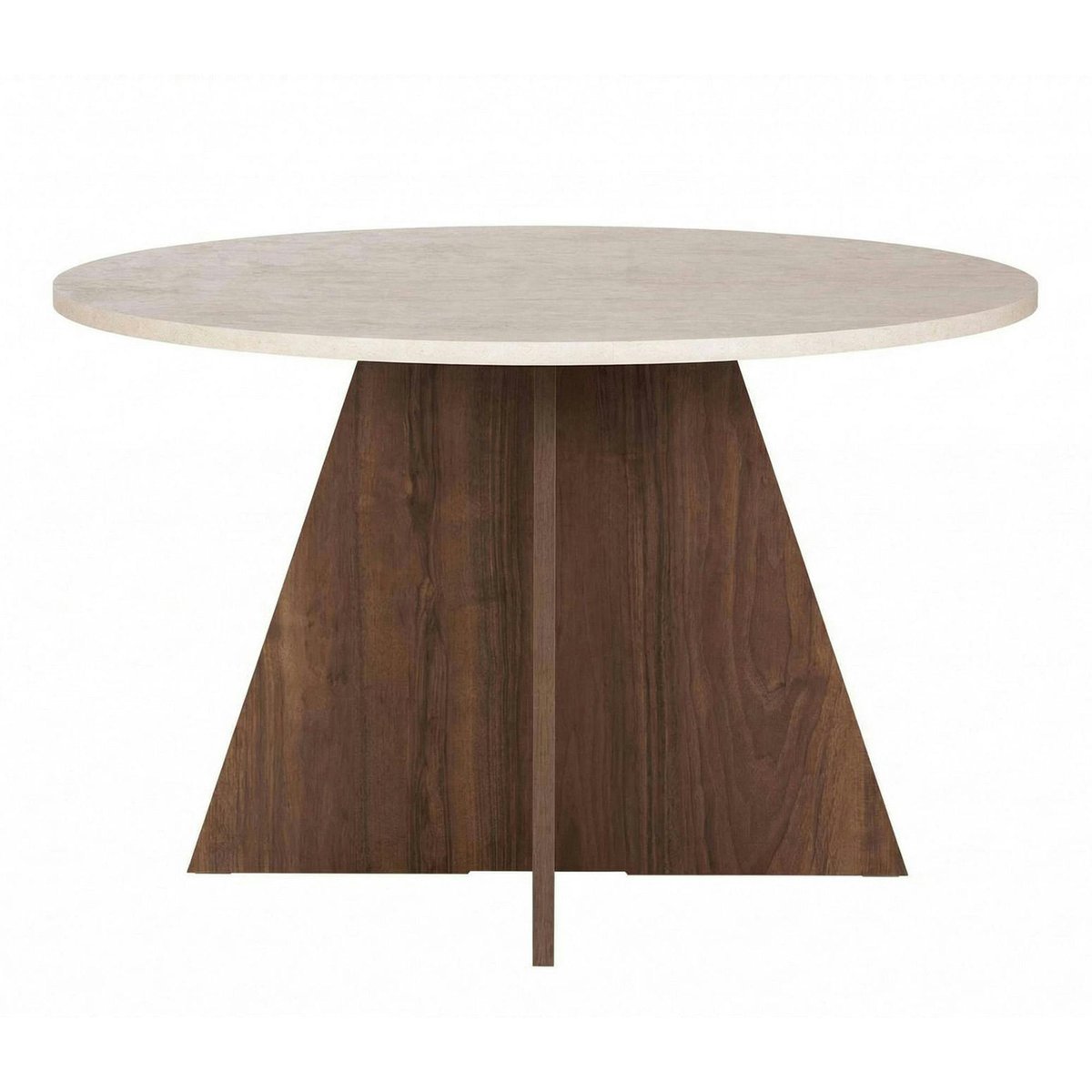 Table ronde moderne pied trapèze MARFA travertin / noyer, PIER IMPORT