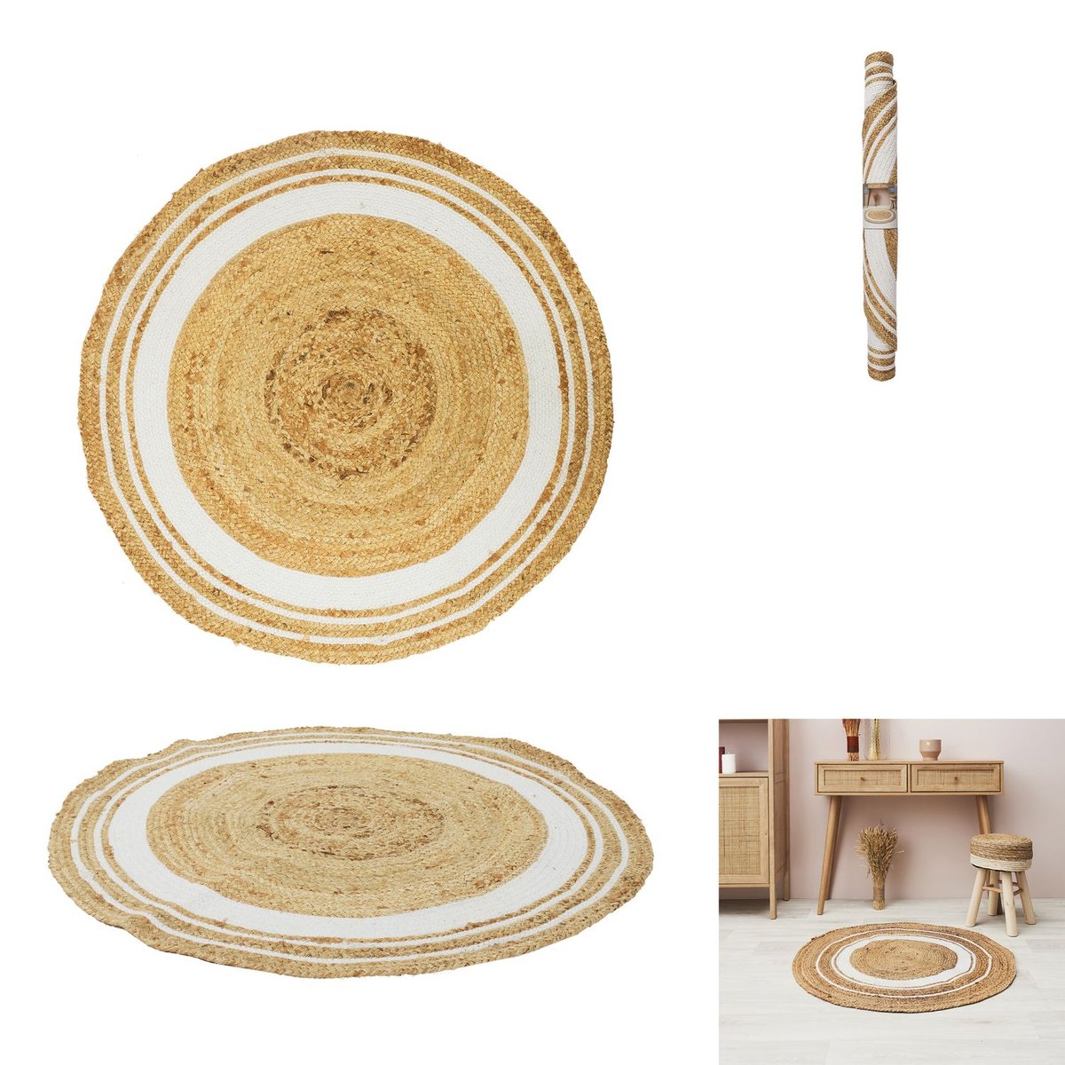 Tapis rond en jute et coton design ethnique blanc, TOILINUX
