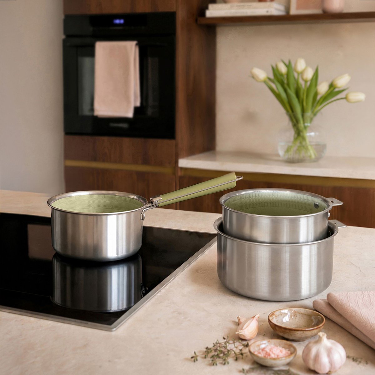 Lot de 3 casseroles 16/18/20 cm en acier inoxydable avec 1 poignée, AGLAE vert, MENASTYL