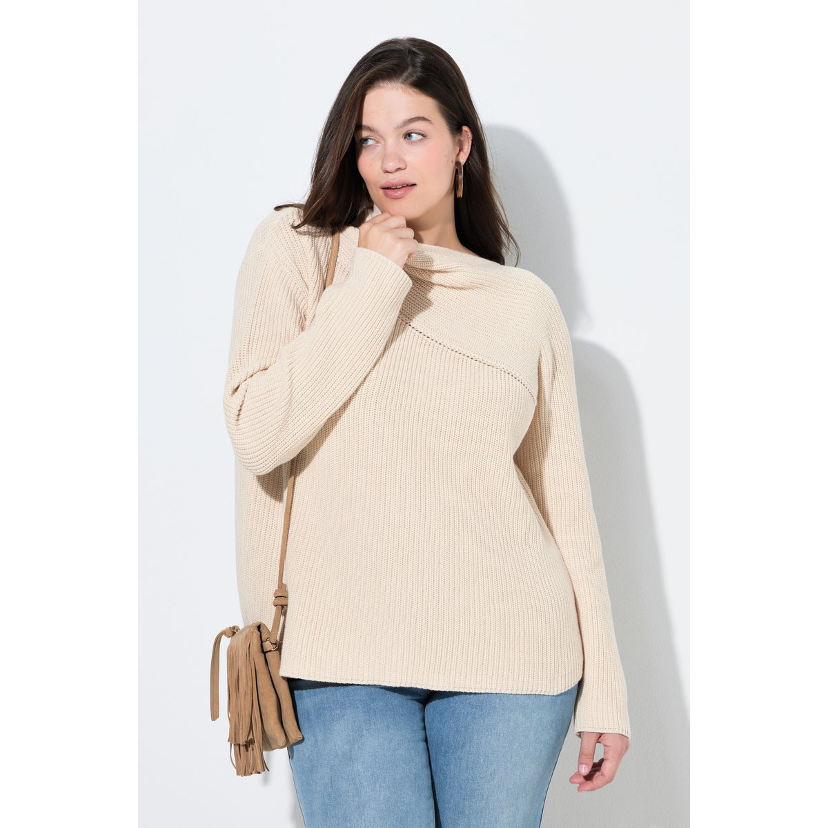 Pull en coton bio à manches longues, texturé blanc perle, ULLA POPKEN