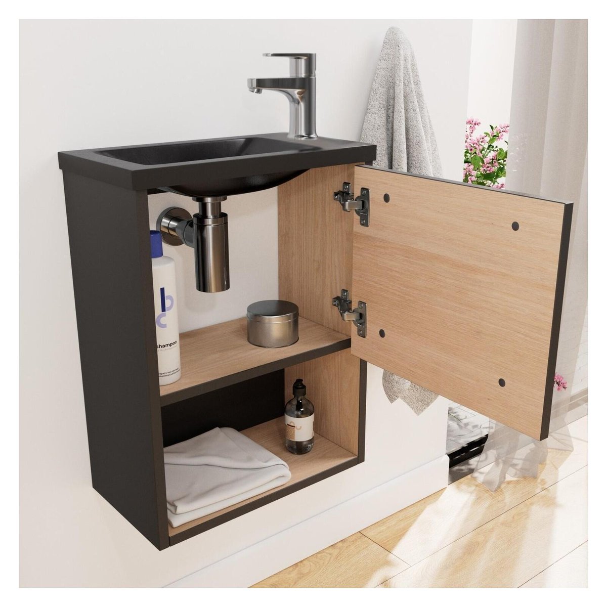 Ensemble meuble lave-mains + robinet NIKA noir et chêne, MOB IN