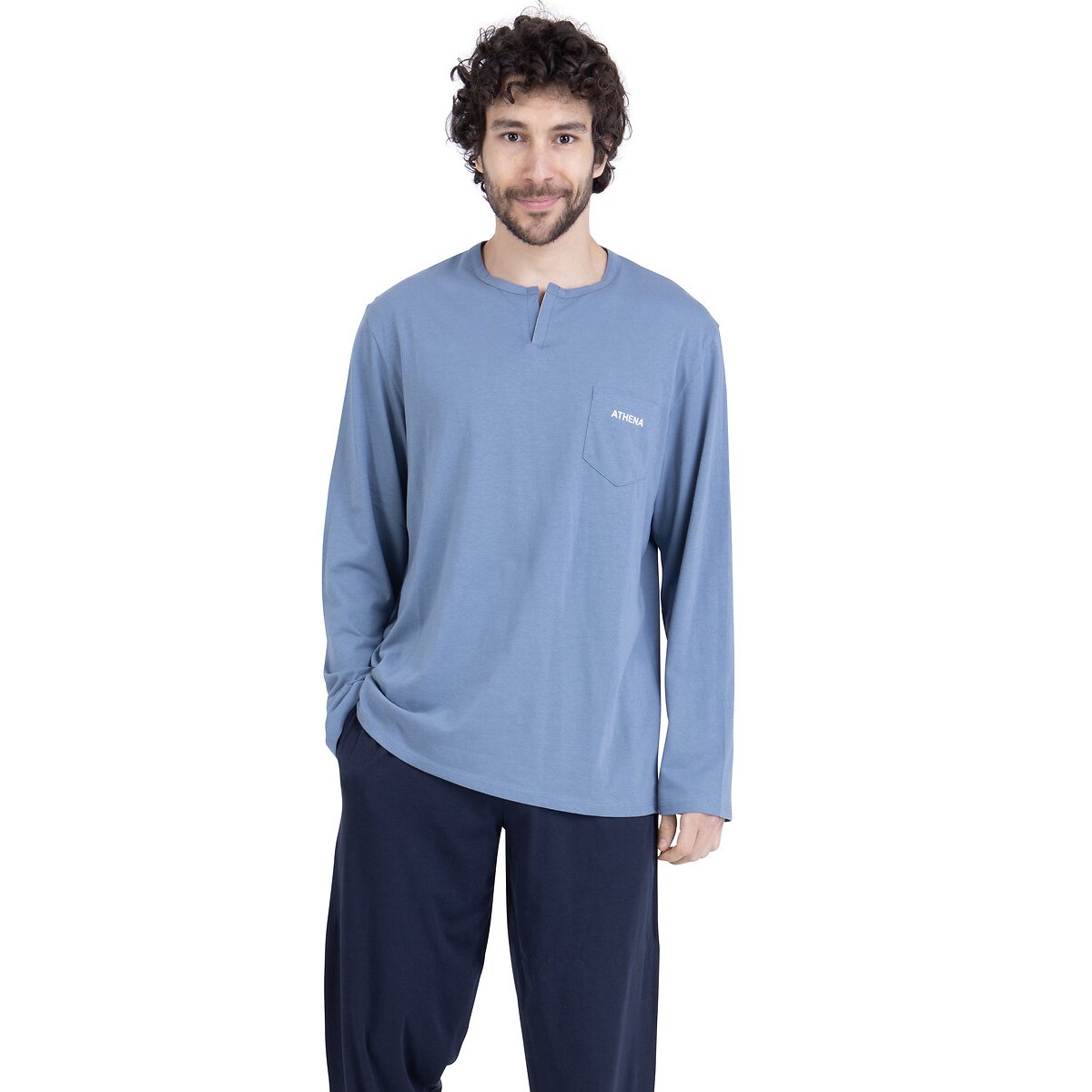 Pigiama lungo in cotone, con collo aperto blu/marine, ATHENA