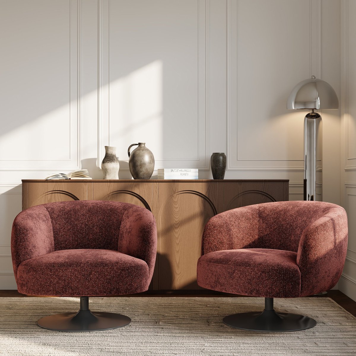 Fauteuil de salon pivotant en velours texturé OSKA bordeaux, SIA HOME