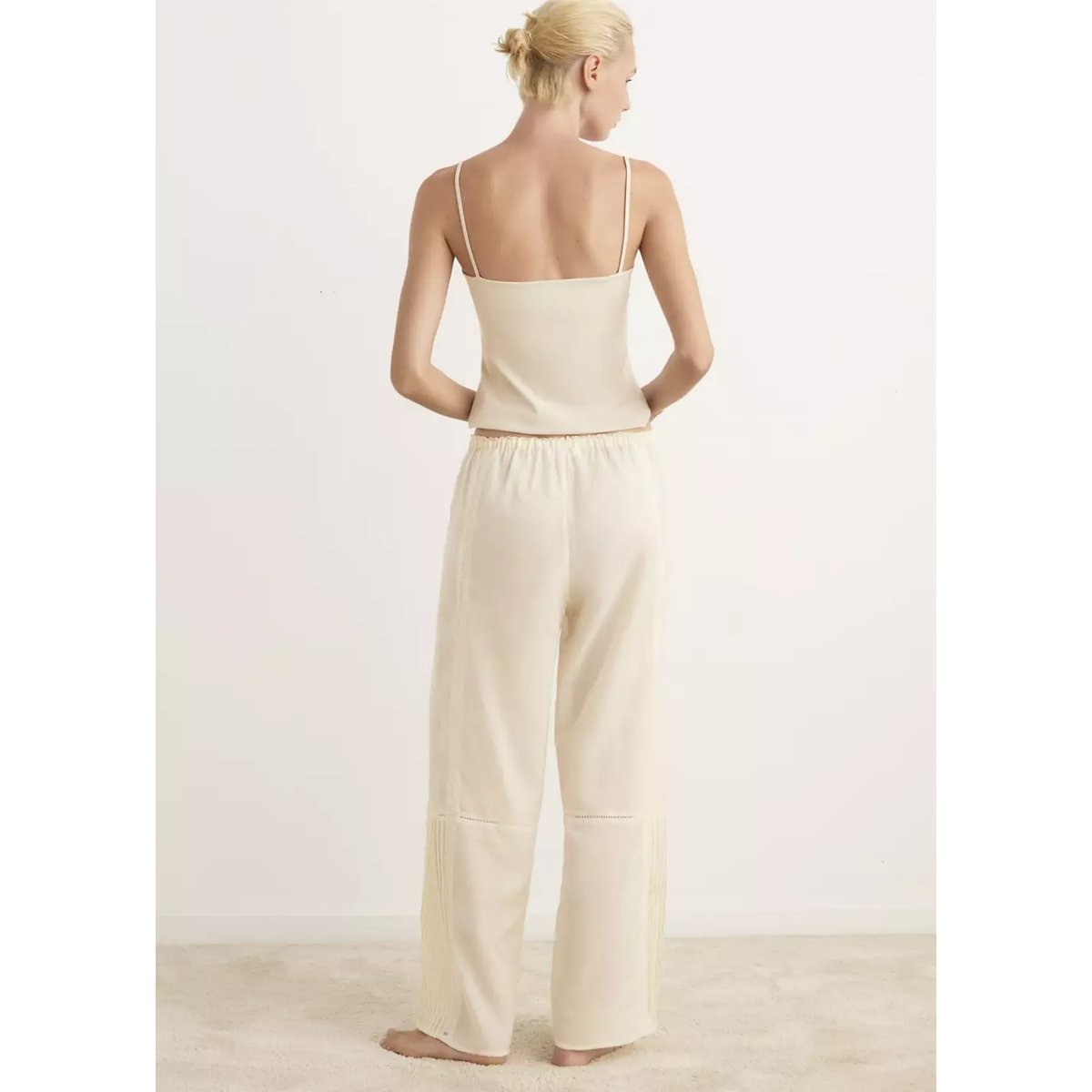 Pantalon de pyjama en coton avec dentelle plis nervurés vanille, MANGO