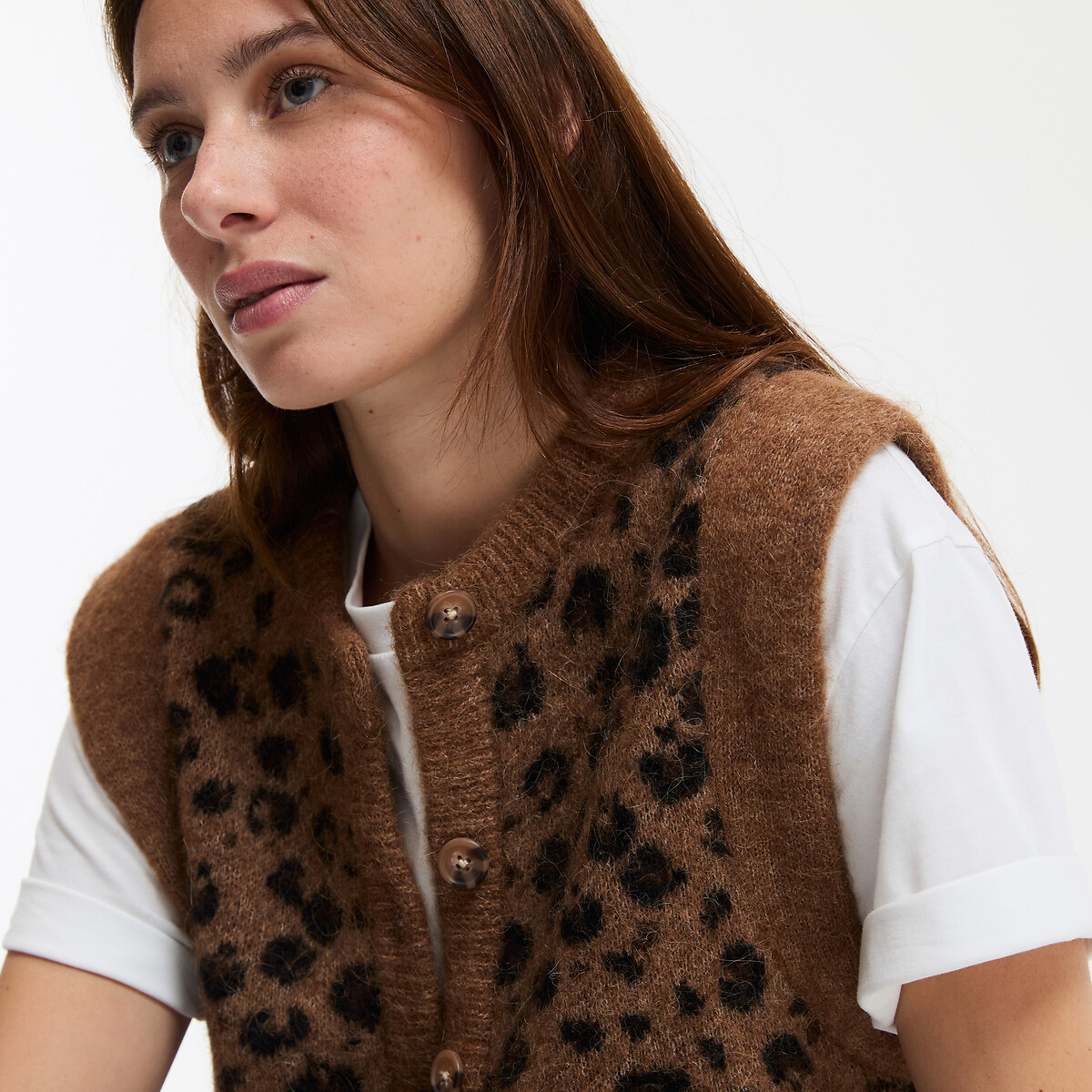 Short Sleeveless Cardigan in Leopard Print leopard print, LA REDOUTE COLLECTIONS