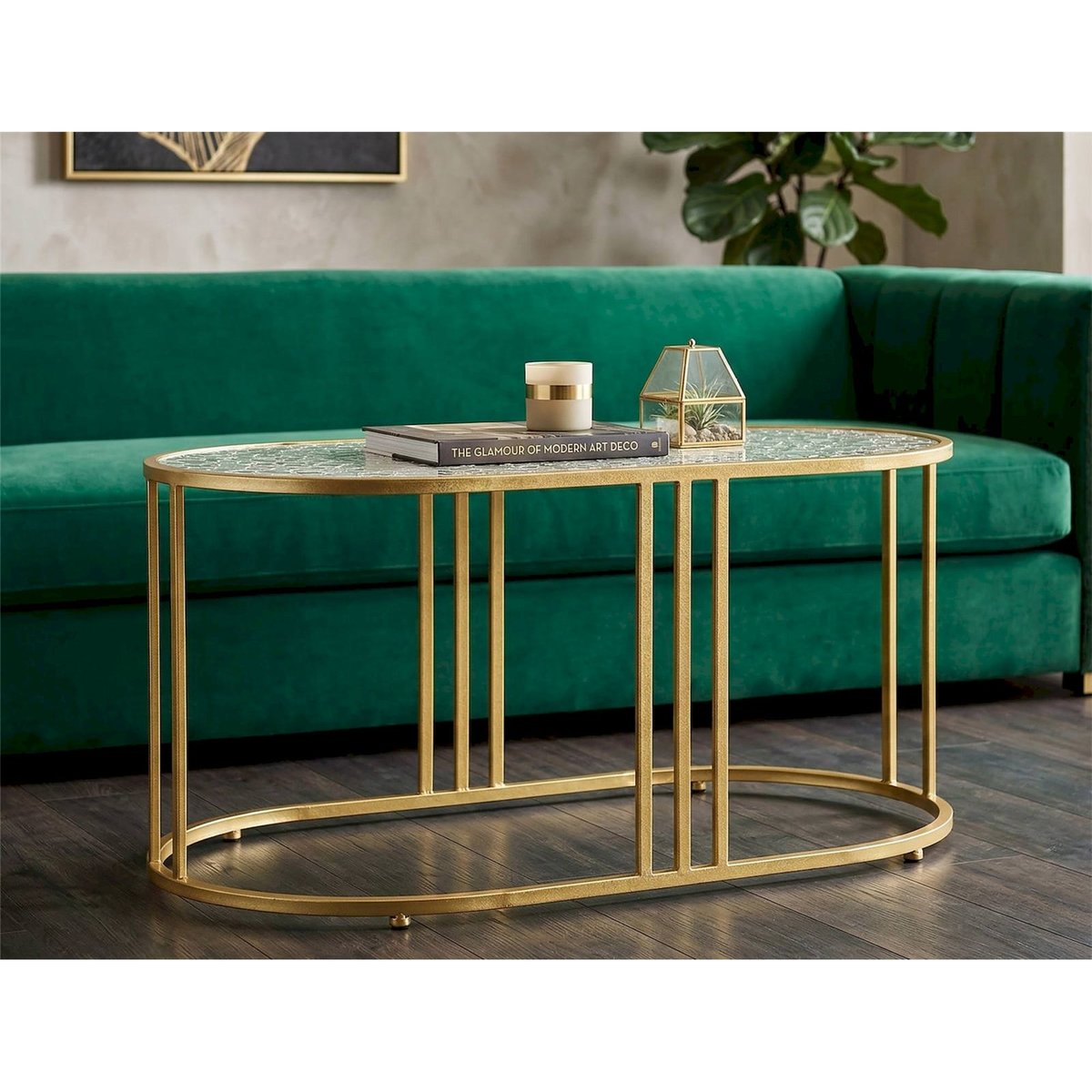 Table basse ovale en verre et fer GLAM doré, RECOLLECTION