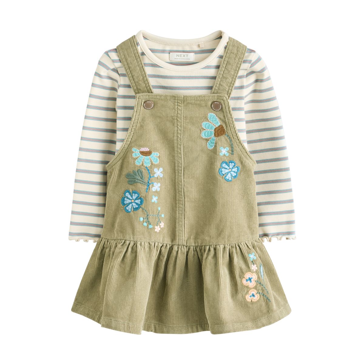 Robe salopette velours/haut manches longues vert olive, NEXT