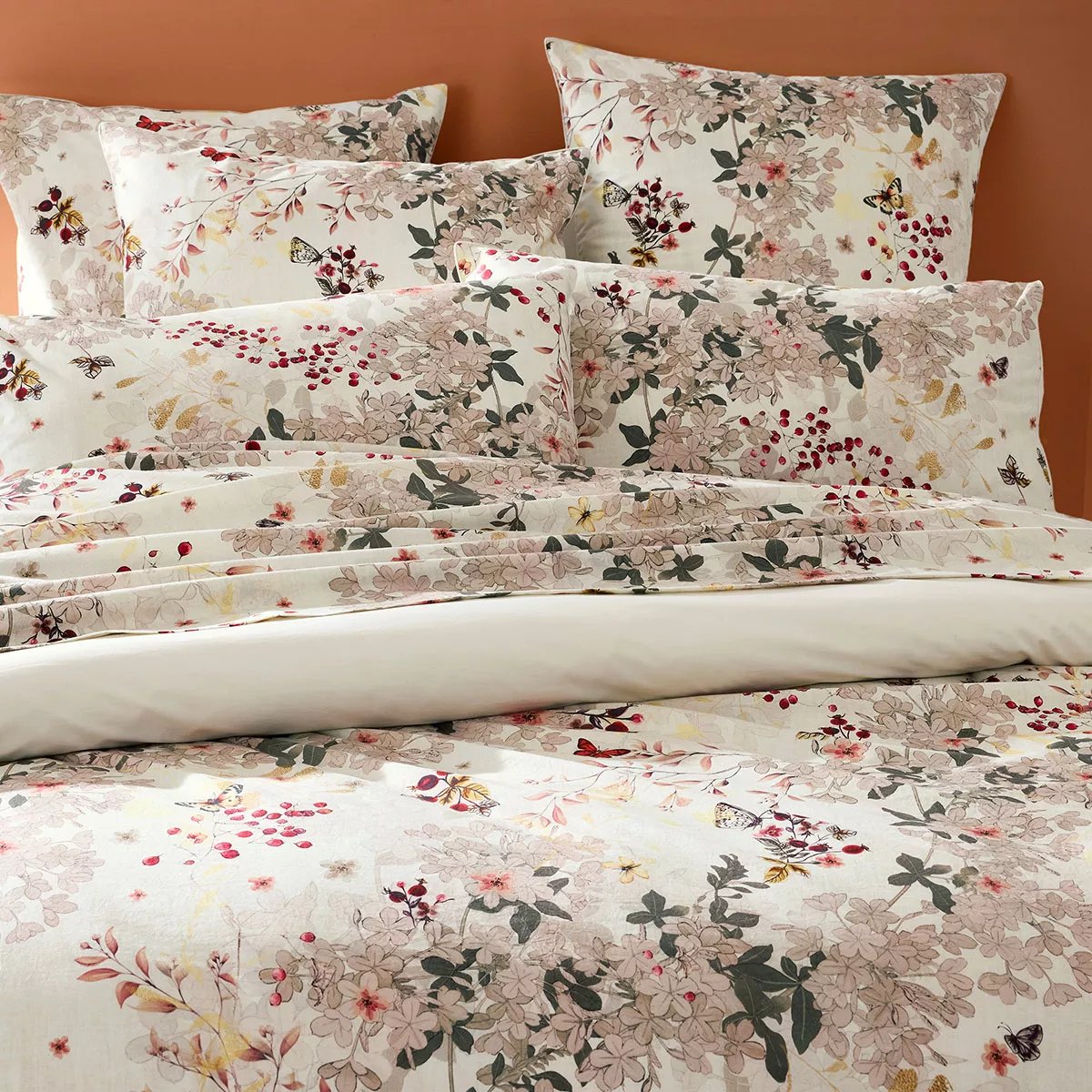 Lot h.couette +taies percale de coton lavé VINTAGE FLOWERS cranberry, GARNIER THIEBAUT