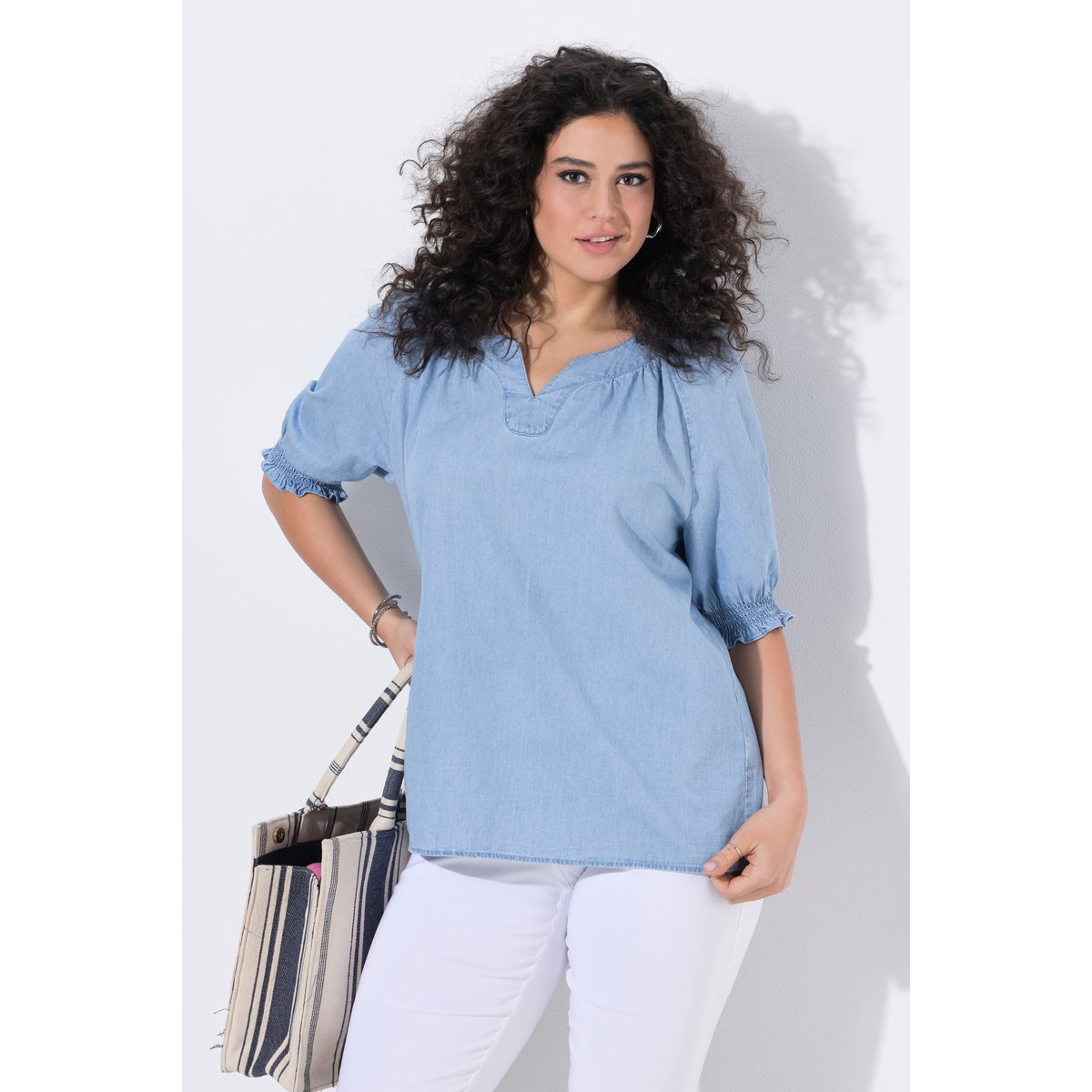 Blouse effet denim, col tunisien bleu clair, ULLA POPKEN