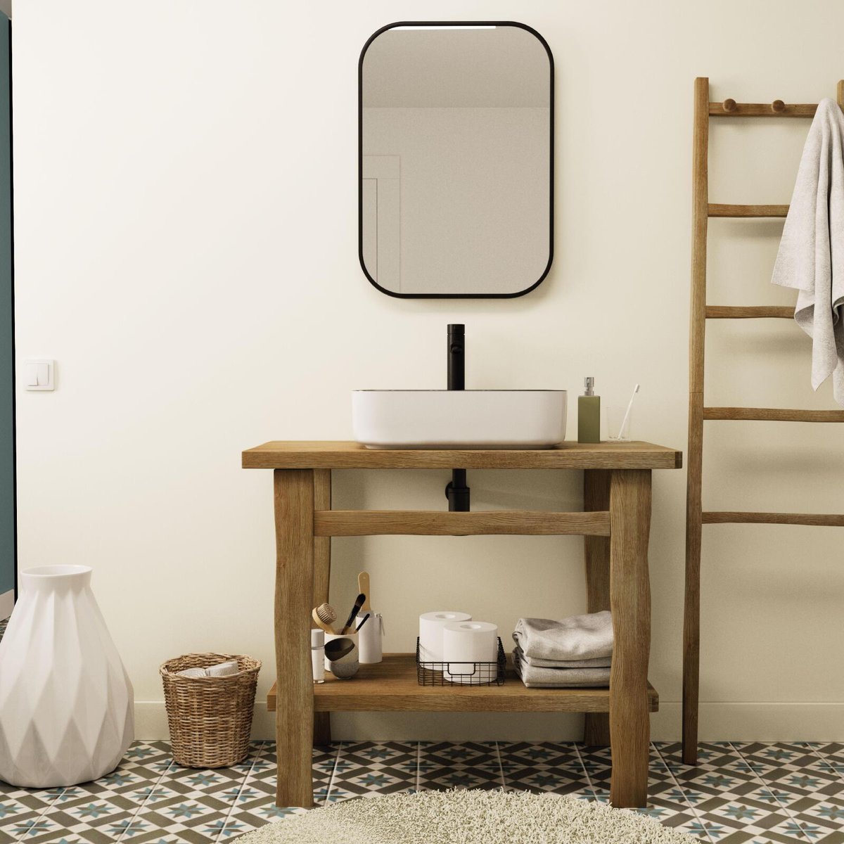 Meuble simple vasque sur pieds 95cm en chêne massif esprit établi OFICIO chêne, MOB IN